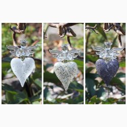 Engel p hjerte i glas, guldglimmer/sortglimmer/hvidslv glimmer, med ophng. H:7 cm, (3 stk. i pk).