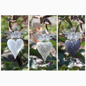 Engel p hjerte i glas, guldglimmer/sortglimmer/hvidslv glimmer, med ophng. H:7 cm, (3 stk. i pk).