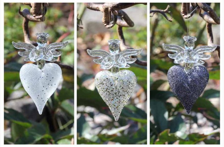 Engel p hjerte i glas, guldglimmer/sortglimmer/hvidslv glimmer, med ophng. H:7 cm, (3 stk. i pk).
