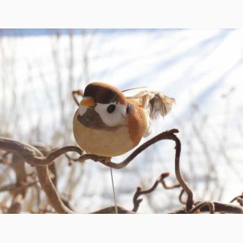 Dekorationsfugl med stick lattefarvede fjer L: 9 cm- kigger frem