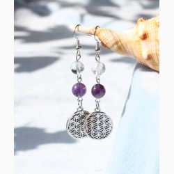 reringe med Ametyst og bjergkrystal og Livets Blomst charm - Krystal reringe