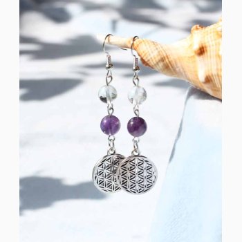 reringe med Ametyst og bjergkrystal og Livets Blomst charm - Krystal reringe