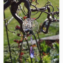 Livets tr i krystalsnor og regnbuedrbe i violet glas, ophng i metaltrd med krog