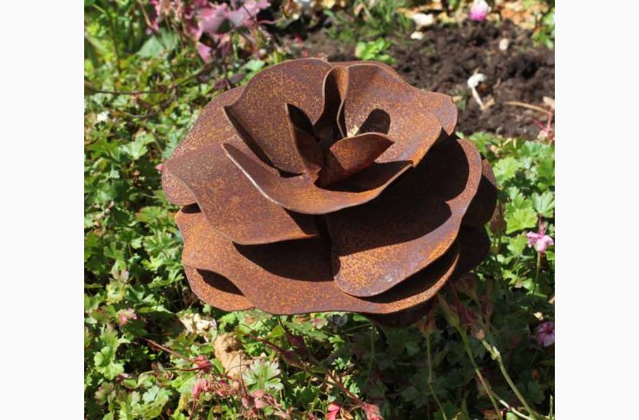Rose ( D:13 cm) i jern med rustrd patina med bjelig stang
