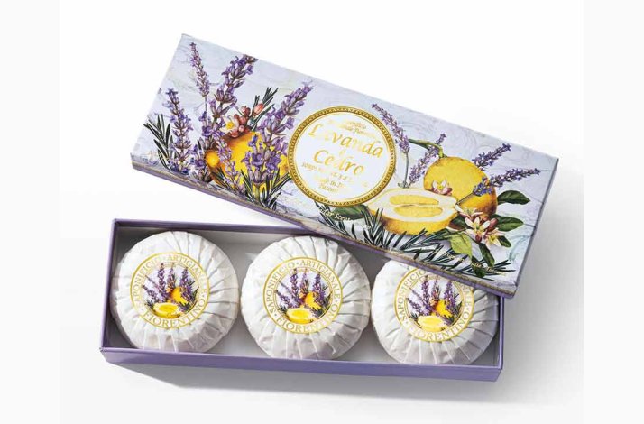 Lavendel- og Cedertrs gaveske sber  (3*100 g ) - Saponificio Artigianale Fiorentino