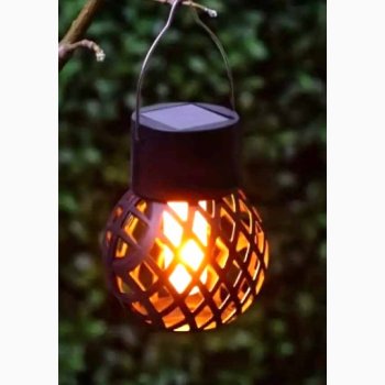Solcellelampe Flamme Kugle med Ophng Mler 9x7x7 cm.