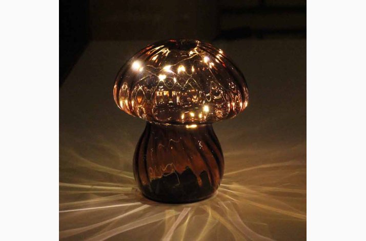 Svamp Glas Lampe &#127812; - Kobberbrun 12,5x16 cm med Varm Hvid Lyskde, timerfunktion
