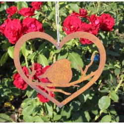 Lille fugl i hjerte i jern til ophng med rustrd patina