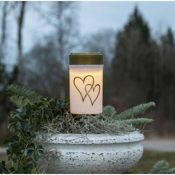 Solcelledrevet Gravlys - Hvidt med hjertemotiv og med Varm Hvidt Lys