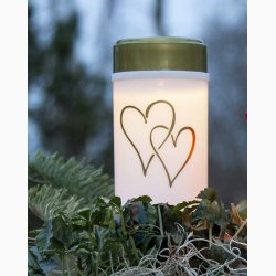 Solcelledrevet Gravlys - Hvidt med hjertemotiv og med Varm Hvidt Lys