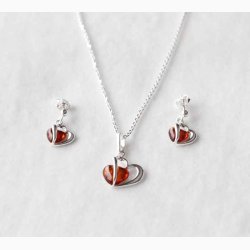 Smykkest med slvhjerte med ravhjerte i slvkde og reringe - Ravsmykke